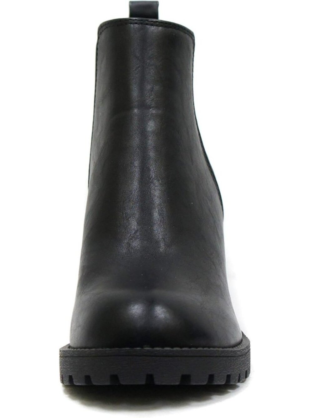 Women's Black Leather Origami Lug Sole Mid Heel Ankle Bootie Double Elastic Boot - Picture 3 of 5